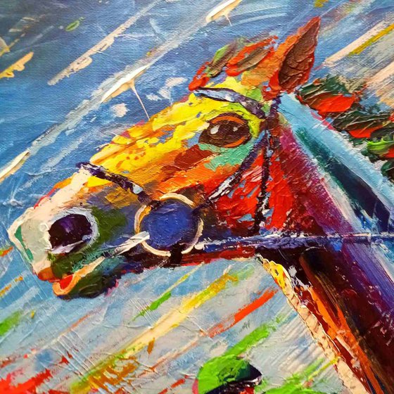 Expressive Horse Racing Artwork, Dynamic Vibrant Acrylic Painting, Impressionist Style