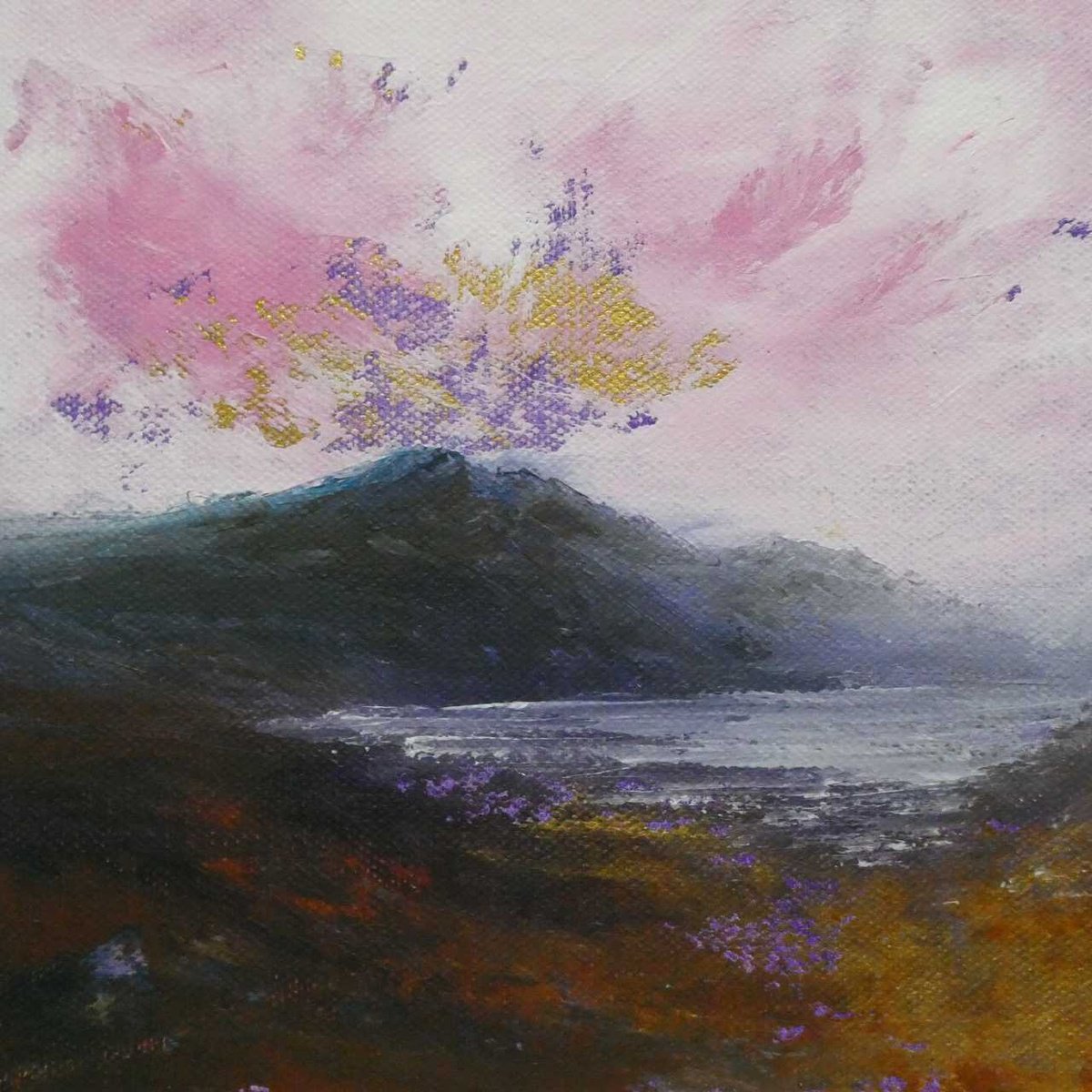 Impressionistic Landscape Acrylic Painting By Oconnart, 10 X 10", Pink Autumn Skies, Original Artwork