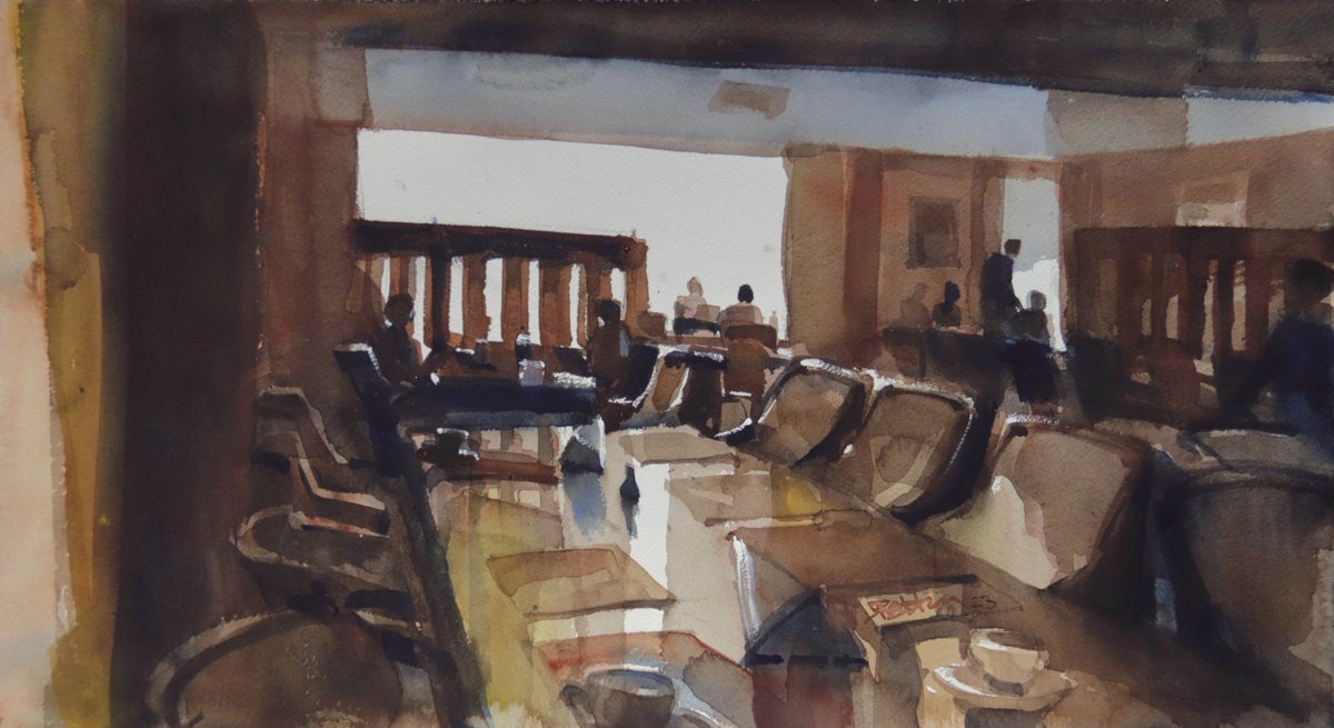 Impressionistic Cityscapes Painting By Prashant Prabhu, 22 X 12", Light Coffee Hours, Original Artwork