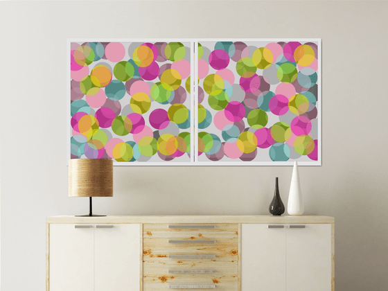 Abstract multicolored bright circles pink gray green turquoise- Diptych #1 & #2