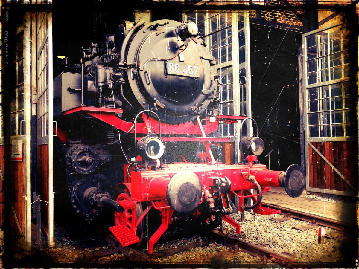 Old steam trains in the depot - print on canvas 60x80x4cm - 08515m1 by Kuebler