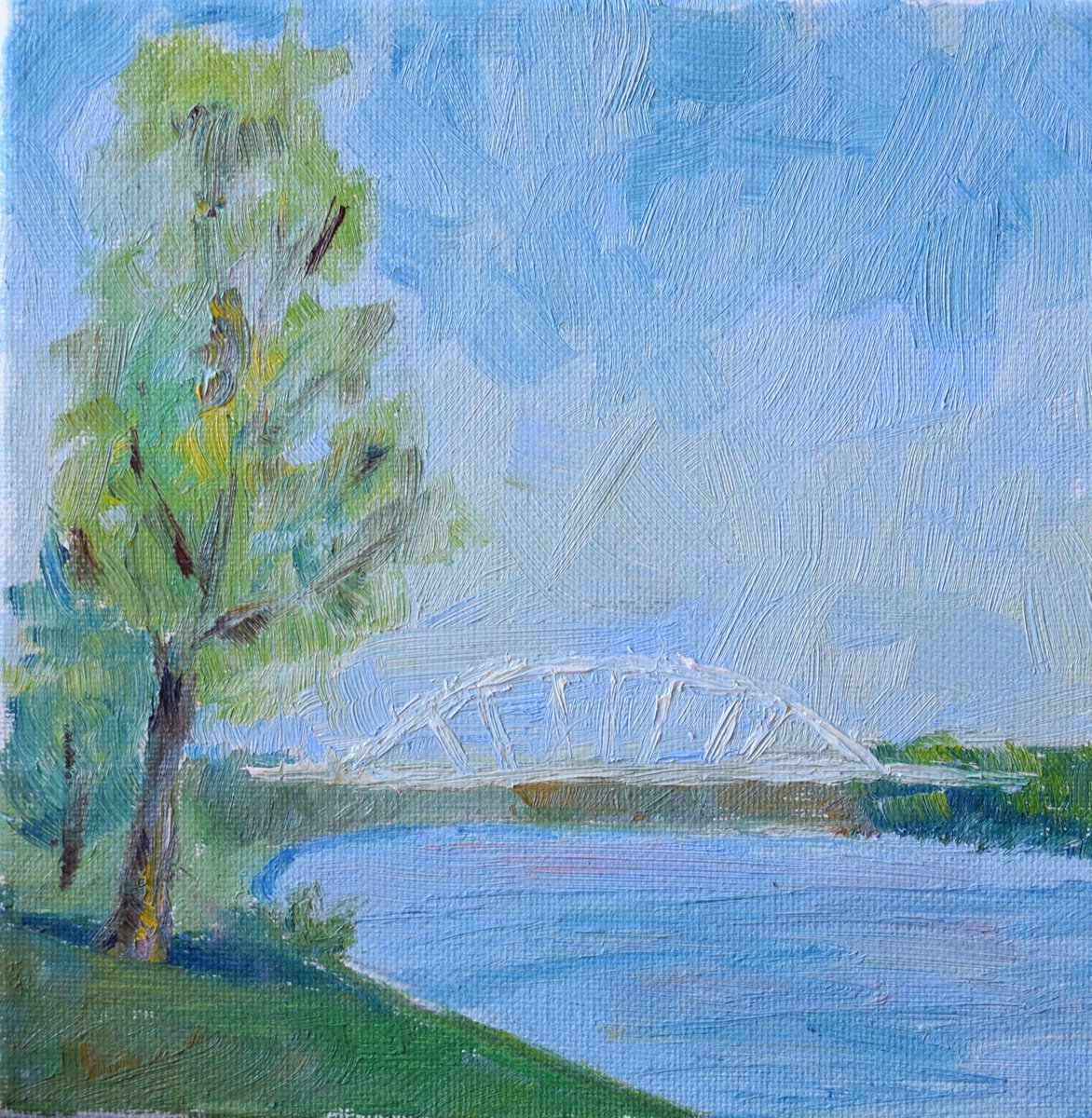 Spring landscape oil painting on canvas, Bratislava forest river painting by Kate Grishakova