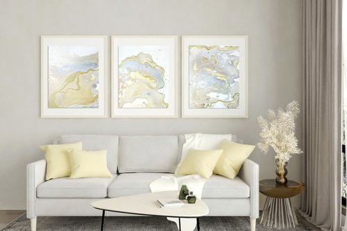 Set of 3 pieces paintings. White abstract landscape triptych. Love couple sky sun sunrise sea birds by BAST