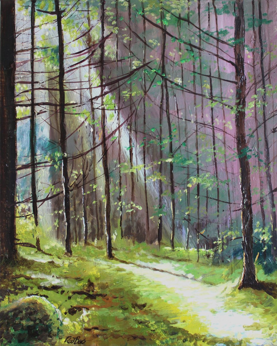 Impressionistic Landscape Oil Painting By Rod Bere, 16 X 20", Atmospheric Forest, Original Artwork