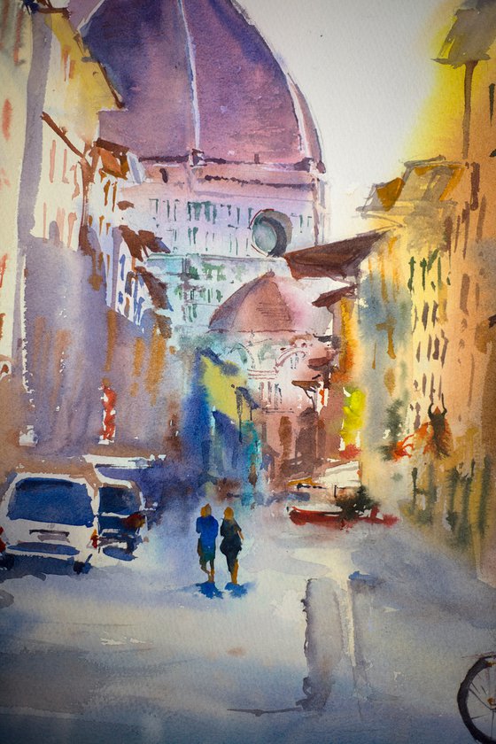 Florence in sunset light. Light and shadow with Duomo and city view. Medium format watercolor urban landscape italy toscana bright architecture travel