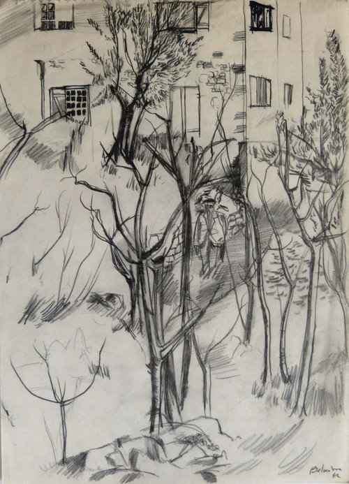 Paysage 69-1, vintage pencil drawing 29x21 cm by Frederic Belaubre