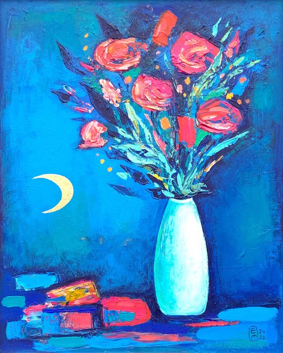 Flowers in the vase and rising moon