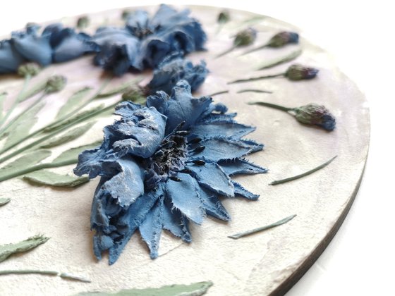 Blue cornflowers on a white background-delicate Botanical bas-relief 25x15x3 cm.