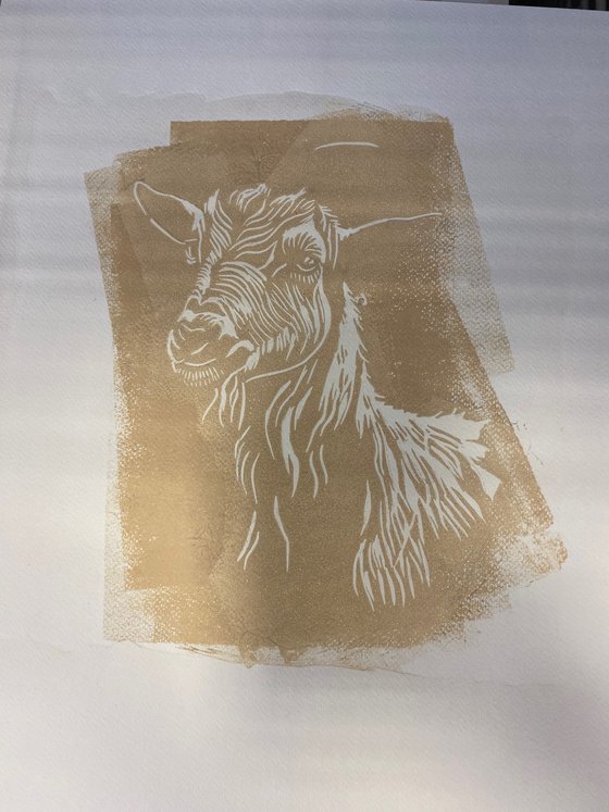 Goat – reduction linocut print