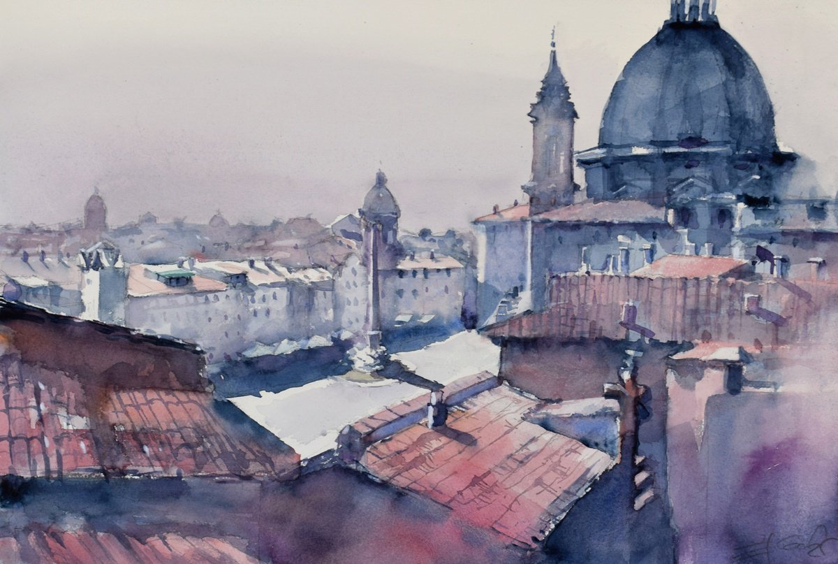 Expressive Cityscapes Watercolour By Goran Zigolic Watercolors, 22 X 15, Rome, Piazza Navona 2, Original Artwork