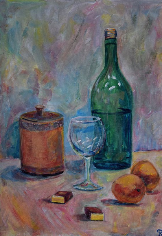 Acrylic painting Still-life with bottle, wineglass, mandarins and sweets