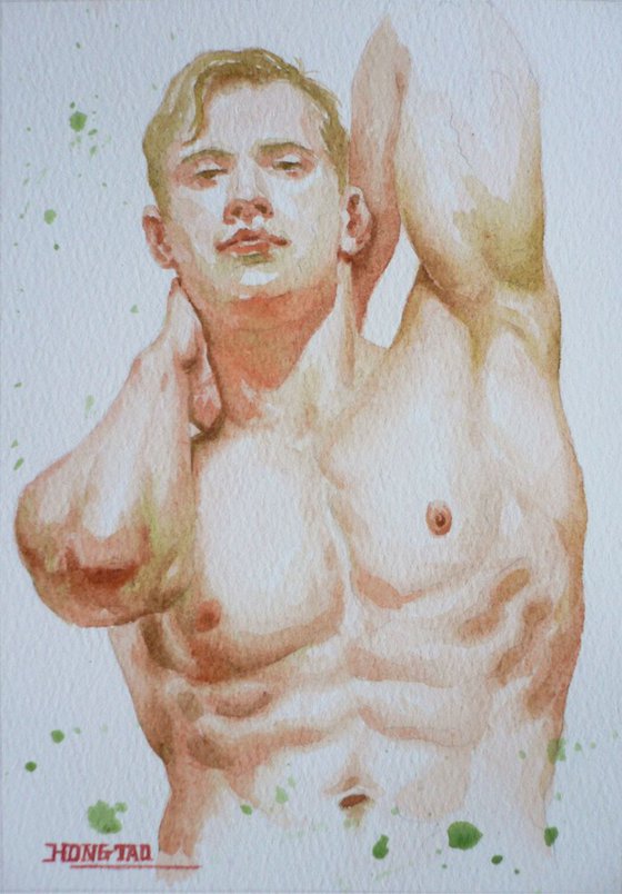 original watercolour painting  male nude in bathroom on paper#16-10-31