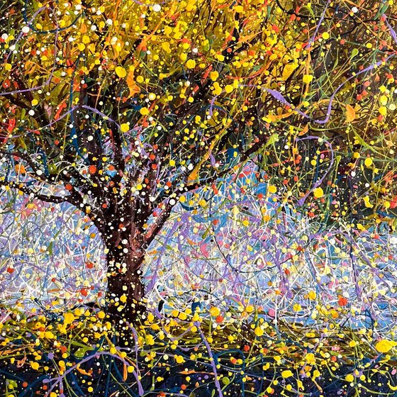 Yellow tree abstraction Modern blue yellow painting Sun Autumn art