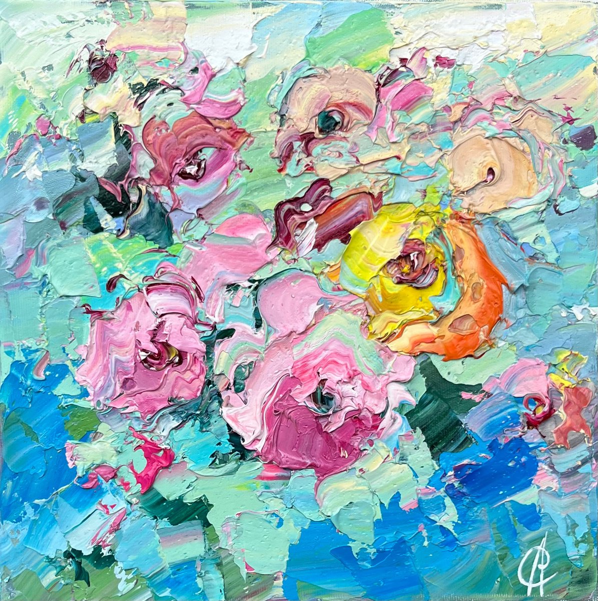 Abstract Botanical Oil Painting By Svitlana Andriichenko, 12 X 12", Flower Sapphires P.s, Original Artwork