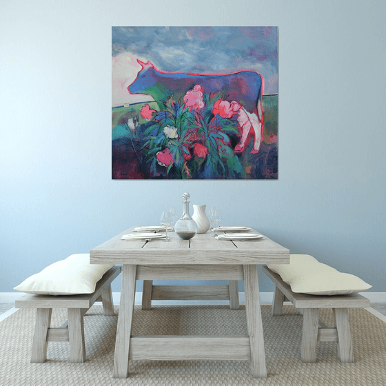 Neon Cow and Peony Bush
