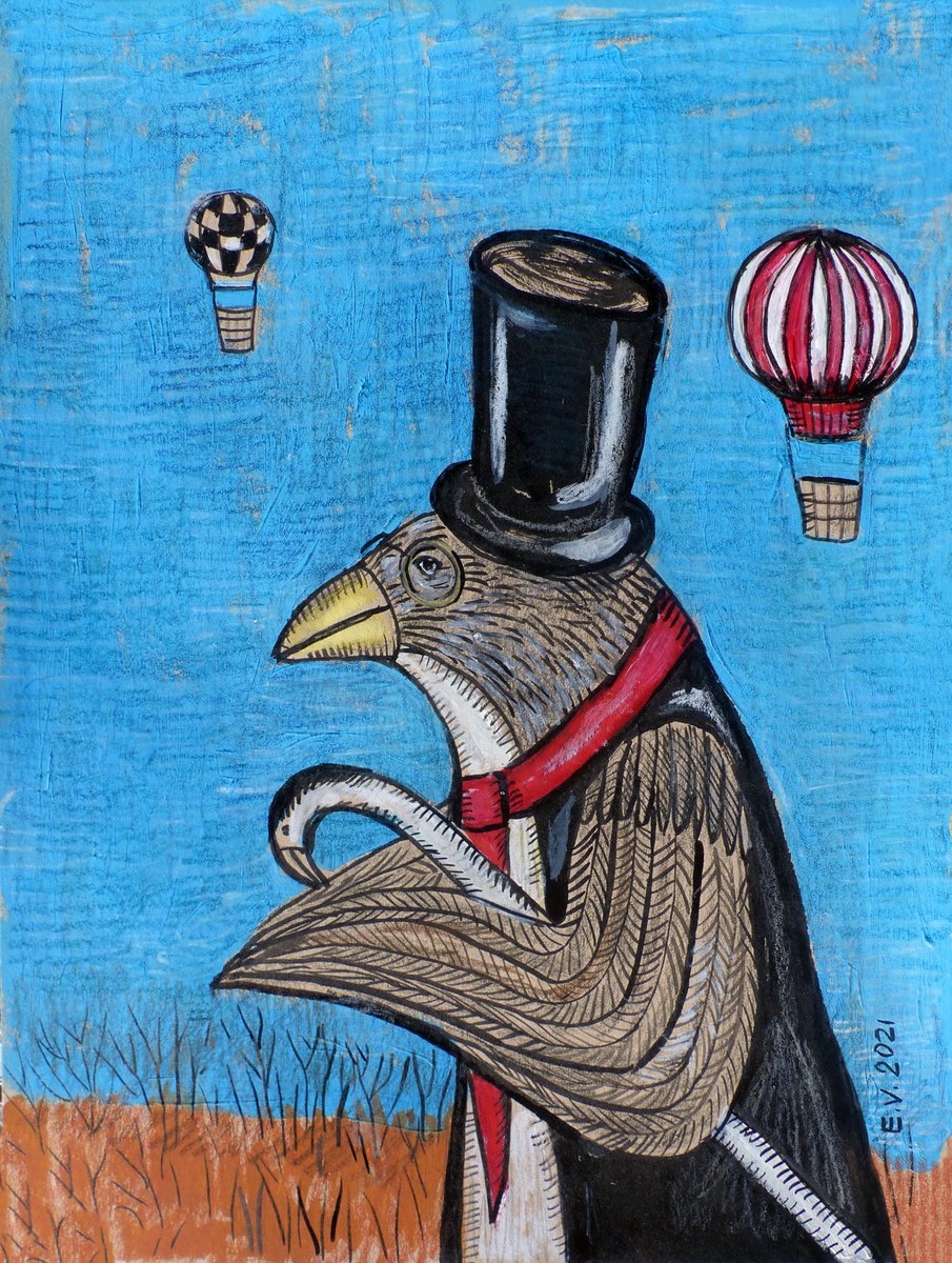 Surrealistic Painting , Smart Bird By Elizabeth Vlasova, 9 X 12, Artwork For Sale On Artfinder
