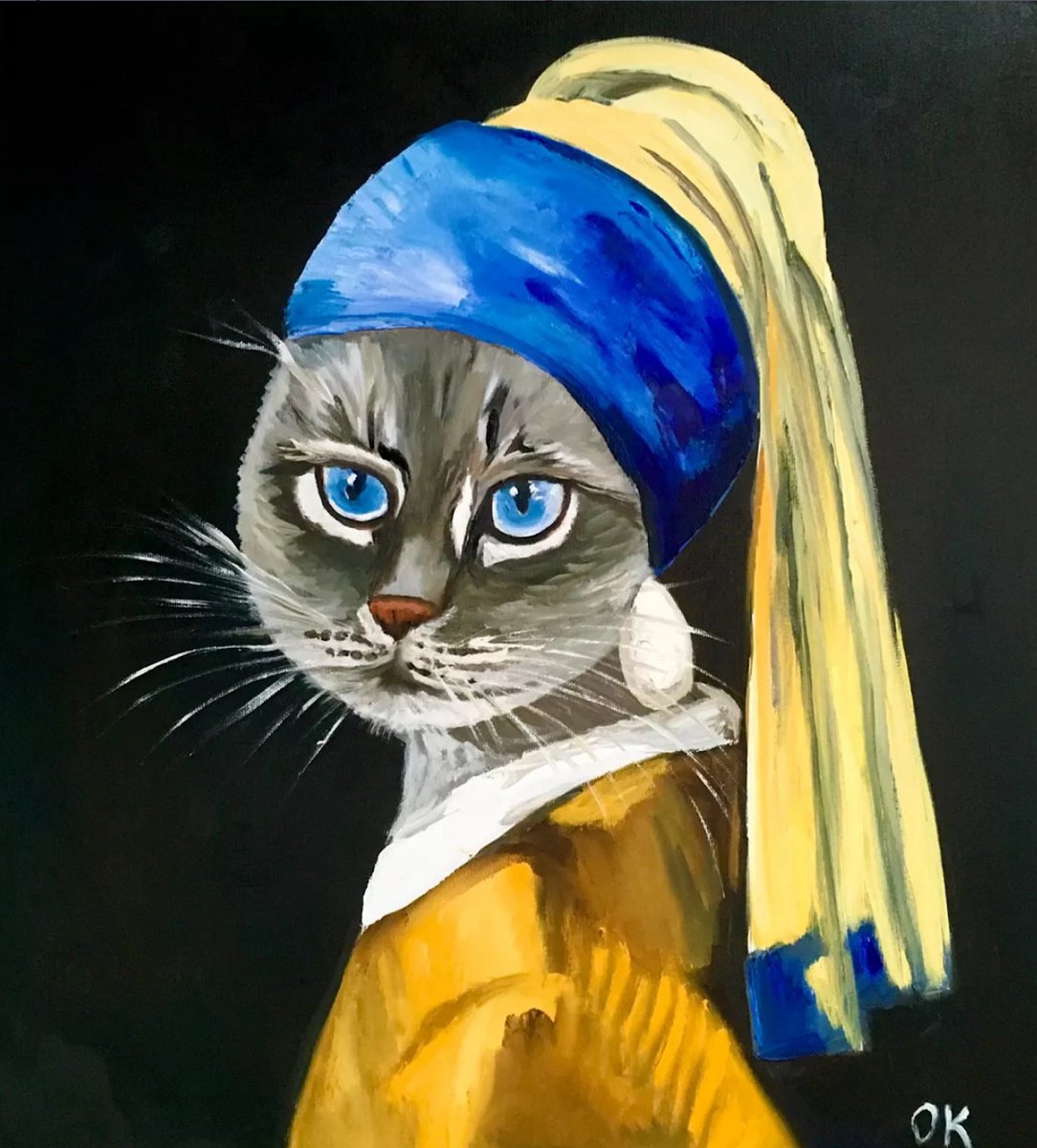 Impressionistic Animal Oil Painting By Olga Koval, 18 X 20", British Blue Cat 2, Original Artwork