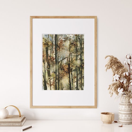 Forest Watercolor Painting Diptych, Abstract Trees Nature Landscape 2 Paintings Set