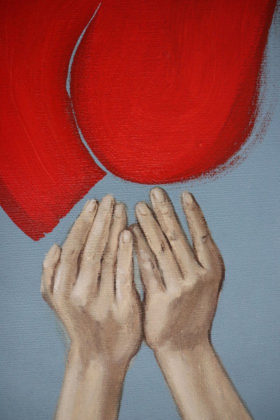 "EMOTION"- OIL PAINTING, RED LINE, HANDS