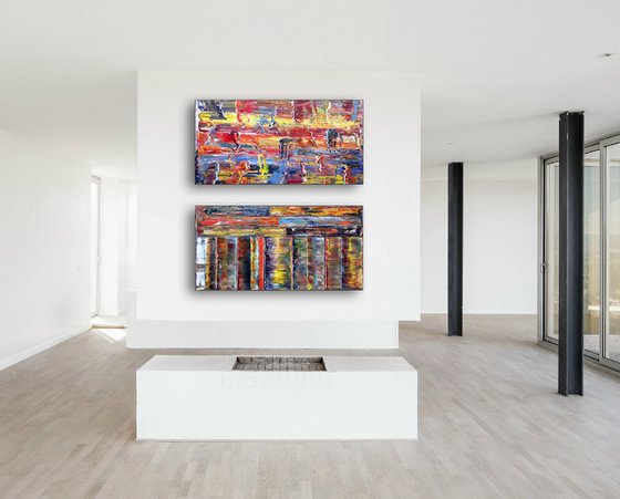 "Get In The Flow Series" - Save As Series - Original Extra Large PMS Abstract Diptych Oil Paintings On Canvas - 36" x 36"