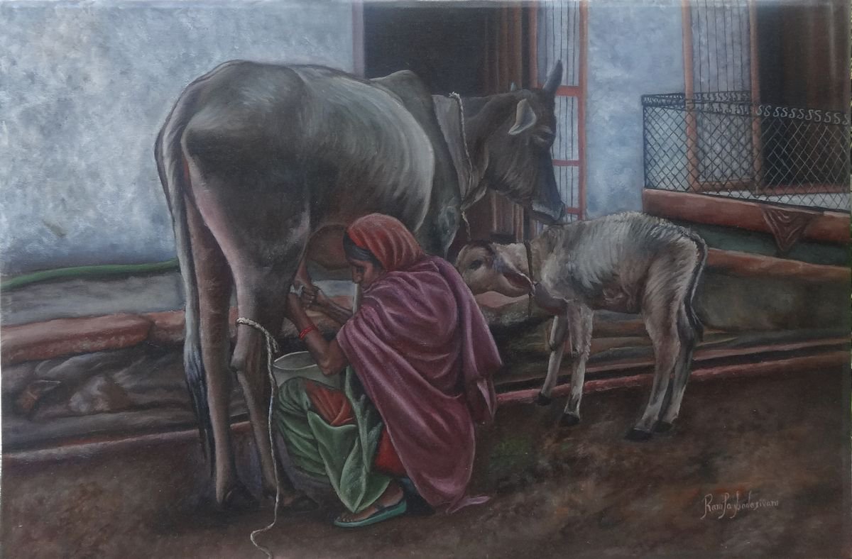 Indian Woman Milking the Cow by Ramya Sadasivam