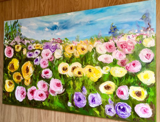 Large size WHITE PINK YELLOW PURPLE  ROSES in a Greenwich rose garden palette  knife modern still life  flowers office home decor gift