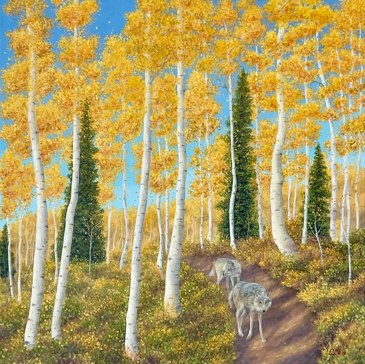 Animal Oil Painting By Olya Lane, 18 X 18", Aspen Wolves, Original Artwork