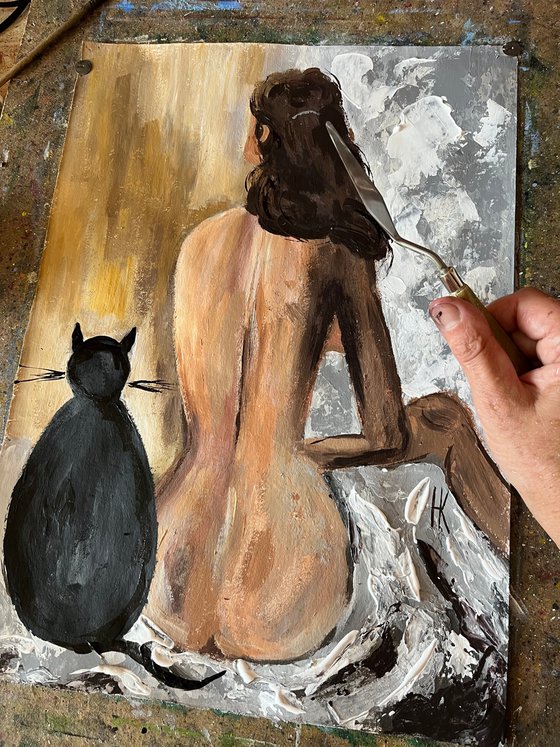 Nude Painting Woman Original Art Black Cat Acrylic Impasto Artwork Dali Home Wall Art 12 by 17" by Halyna Kirichenko