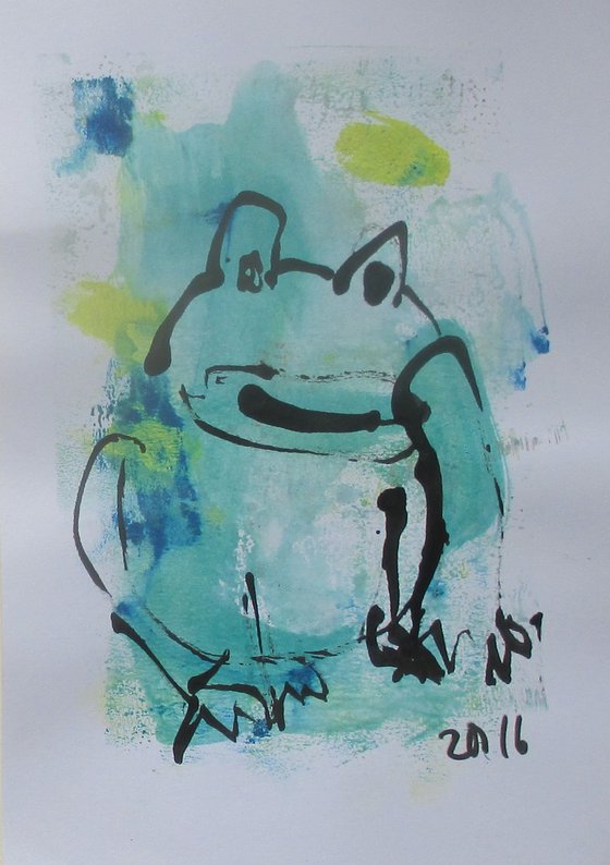 2 funny frogs  8,2 x 5,9 inch unique mixedmedia drawing