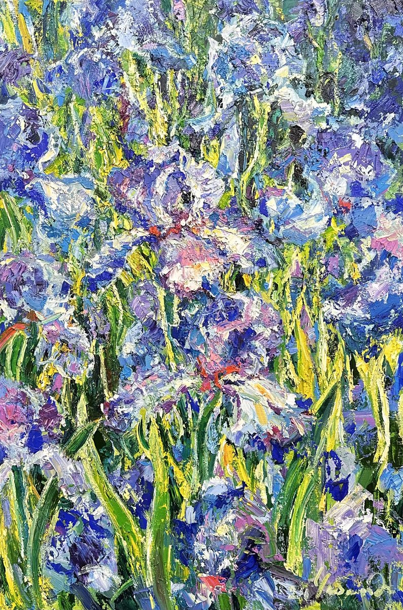 Impressionistic Botanical Oil Painting By Andrii Chebotaru, 24 X 35, Irises, Original Artwork