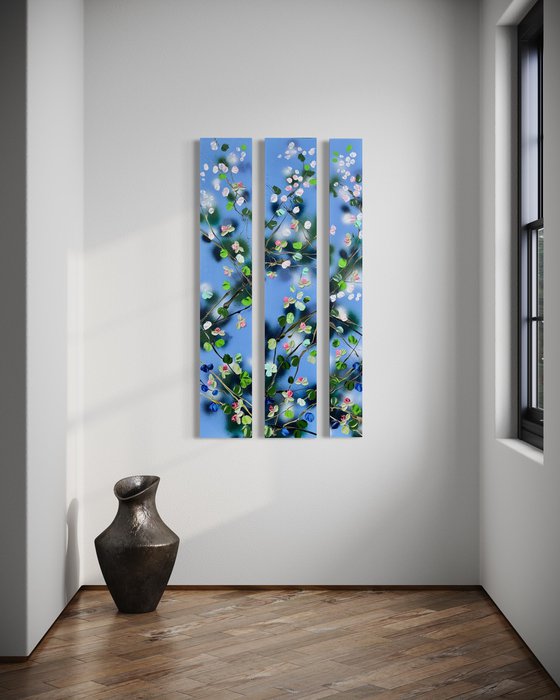 "Movement" large floral triptych on canvas