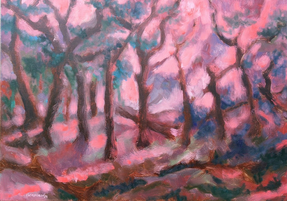 Expressive Abstract Oil Painting By Juri Semjonov, 28 X 20", Old Forest #8, Original Artwork