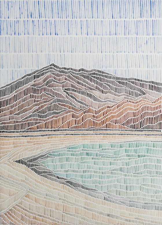 Watercolor original style calm mountains and seashore