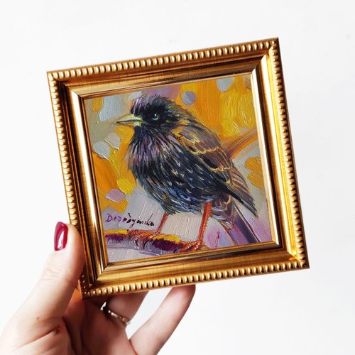 Starling bird oil painting origianal 4x4 inch by Nataly Derevyanko