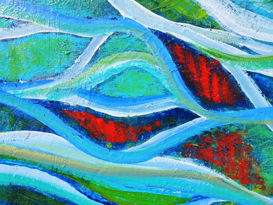 SEA GLASS. Teal, Blue, Aqua Contemporary Abstract Seascape, Ocean Waves Painting. Modern Textured Art