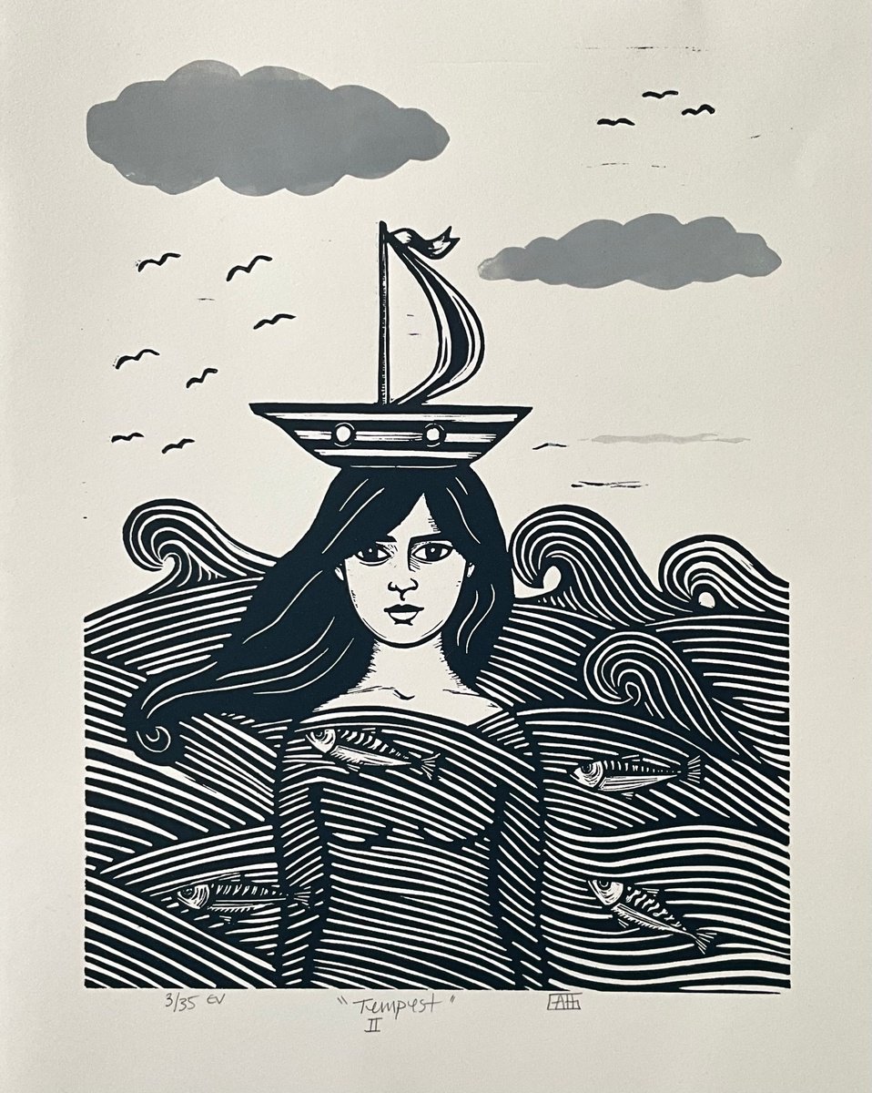 Illustrative Portrait Linocut By Alison Headley, 13 X 17, Tempest Ii, Original Artwork