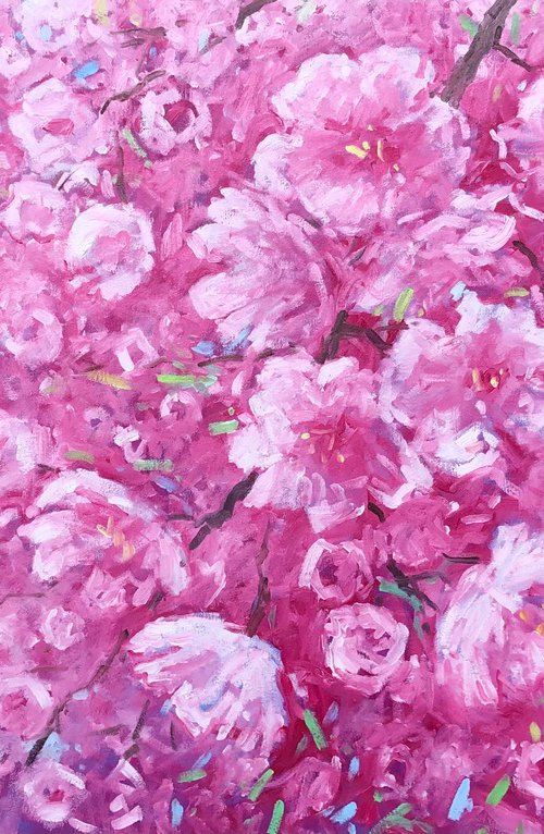Large abstract flower paintings on canvas, pink blossom artwork, Sakura painting by Volodymyr Smoliak