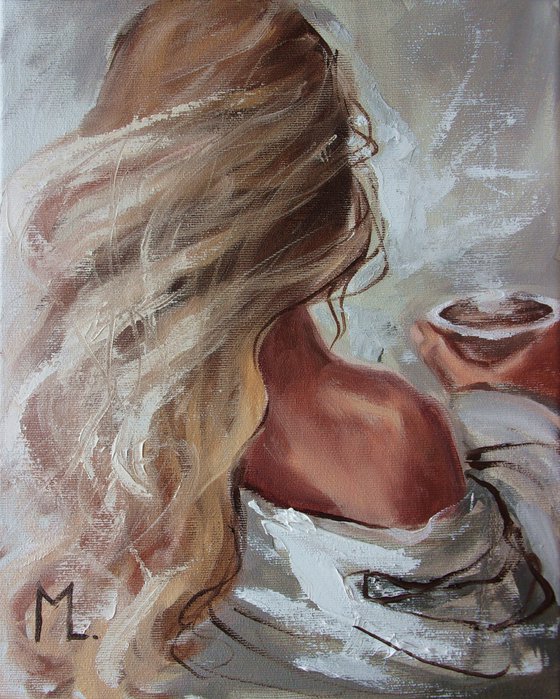 " MORNING COFFEE ... " original painting wind romantic palette knife GIFT