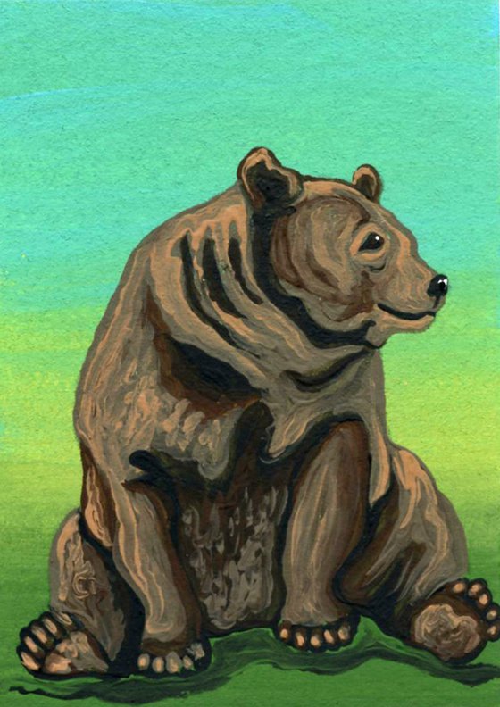 ACEO ATC Original Miniature Painting Brown Bear Wildlife Art-Carla Smale