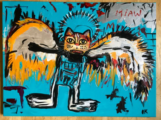 81x61cm Cat La Fallen Angel version of famous painting by Jean-Michel Basquiat