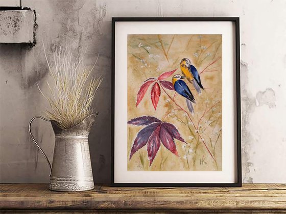 Chickadee Painting Bird Original Art Animal Watercolor Titmouse Artwork Home Wall Art 12 by 17" by Halyna Kirichenko