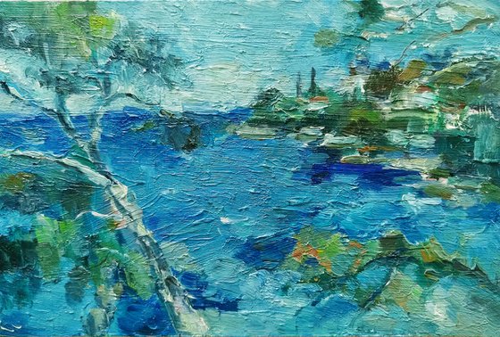 Beautiful blue sea. Oil paint sketch on cardboard.