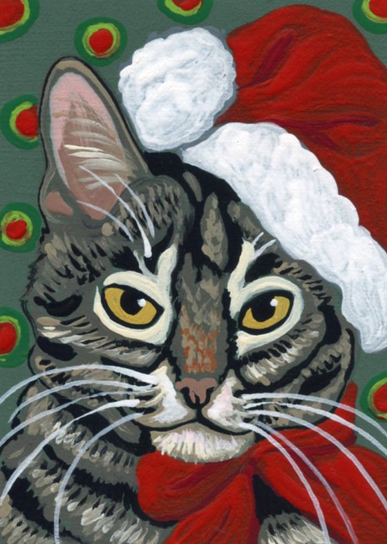 ACEO ATC Original Painting Christmas Grey Tabby Pet Cat Art-Carla Smale