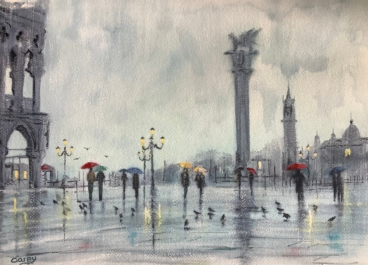 Impressionistic Cityscapes Watercolour By Darren Carey, 15 X 11, Rainy San Marco Square, Italy, Original Artwork