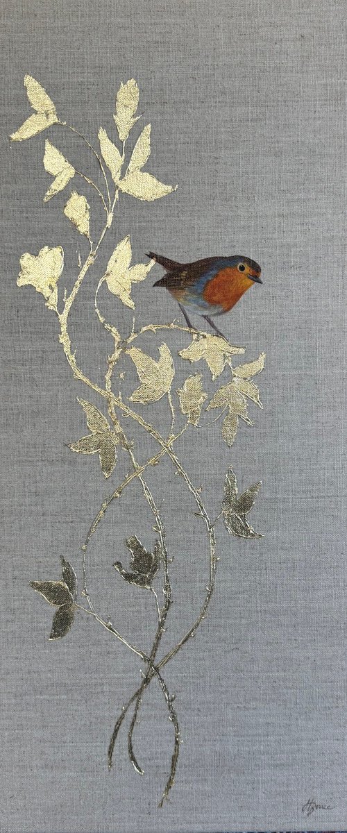 Robin on Golden Ornamental Roses by Hannah  Bruce