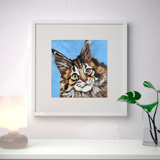 Cat Oil Painting Original Art Maine Coon Kitten Artwork Tabby Cat Portrait Pet Wall Art