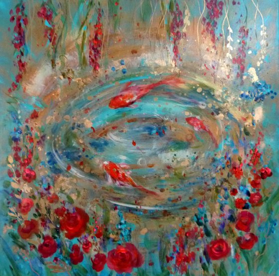 Koi fish in a flowering pond. Aquatic round 70 x 70 cm.