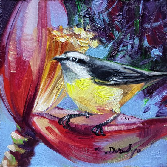 Small art framed gift for bird lovers, Bananaquit bird art painting mini oil 4x4 yellow bird on red flower