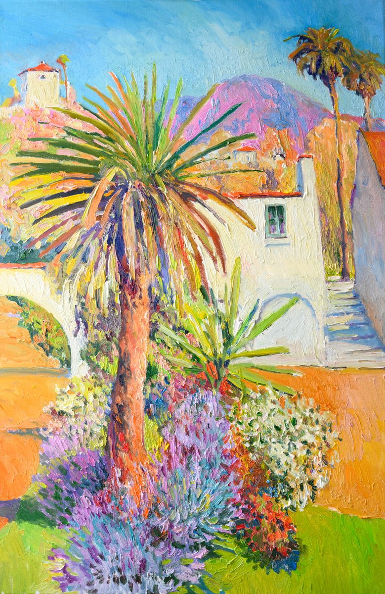 Expressive Landscape Oil Painting By Suren Nersisyan, 24 X 36", Garden And Hispanic Houses, Original Artwork