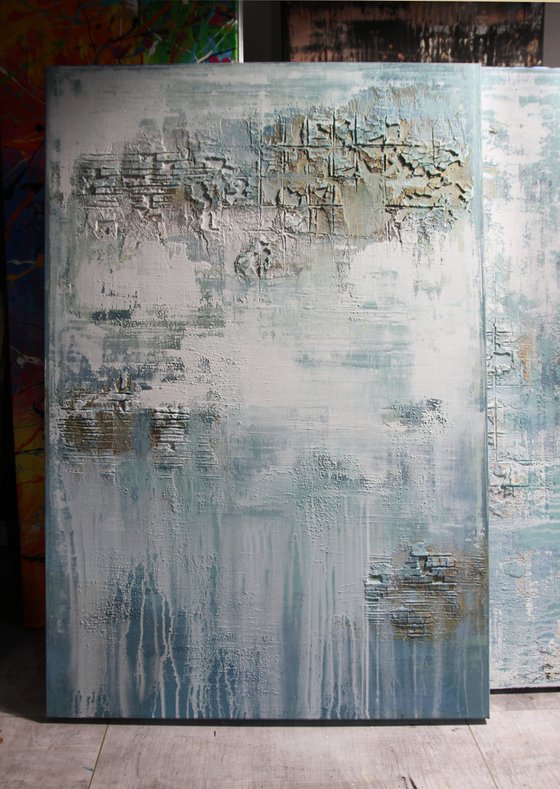 A WINTERS TALE - 120 X 80 CMS - ABSTRACT ACRYLIC PAINTING ON CANVAS * LIGHT BLUE * WHITE
